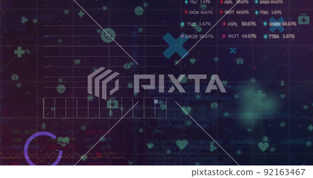 Image of network of connections over financial data processing on black background 92163467