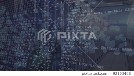 Image of network of connections with icons over data processing and server room 92163468