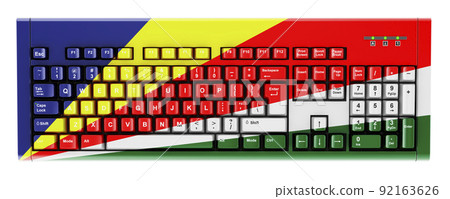 Seychelloise flag painted on computer keyboard. 3D rendering Seychelloise flag painted on computer keyboard. 3D rendering 92163626