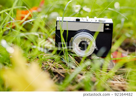 film camera and autumn leaves on ground in forest film camera and autumn leaves on ground in forest 92164482