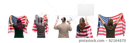 people with poster and flags of united states 92164870