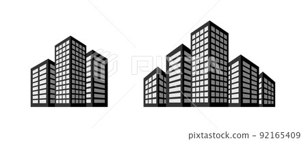 Group of buildings set. 3 and 5 multistorey black houses. Offices or residential apartments. Vector icon, shadow and perspective. 92165409