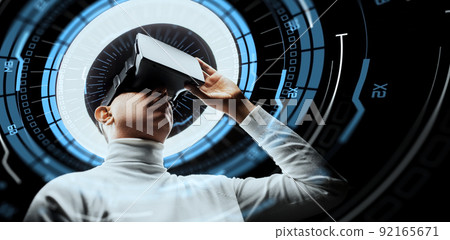 man in virtual reality headset or vr glasses man in virtual reality headset or vr glasses 92165671