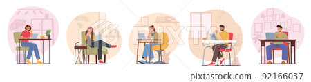Set Men and Women Freelancers Characters Working from Home on Computers and Drink Coffee. Remote Workplace, Homeworking 92166037