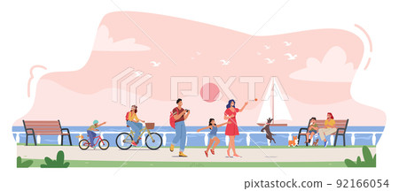 Happy Family Characters Walking along Embankment with Seaview and Floating Yacht. Parents and Children Spend Time Happy Family Characters Walking along Embankment with Seaview and Floating Yacht. Parents and Children Spend Time 92166054