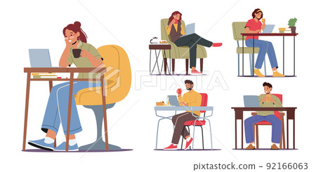 Set of Freelancers Working from Home on Computers and Drink Coffee. Outsourced Workers Characters Remote Occupation 92166063