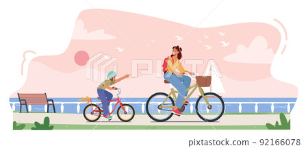 Young Mother and Son Riding Bicycle along Embankment with Seaview. Boy and Woman Happy Family Characters Walking 92166078