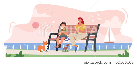 Little Boy and Mother Eating Ice Cream Sitting on Bench at Embankment. Happy Family Characters Enjoying Weekend 92166105