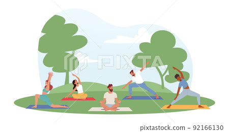 People Doing Exercises in Park. Male and Female Characters Outdoor Yoga Activity. Fitness, Workout in Different Poses People Doing Exercises in Park. Male and Female Characters Outdoor Yoga Activity. Fitness, Workout in Different Poses 92166130