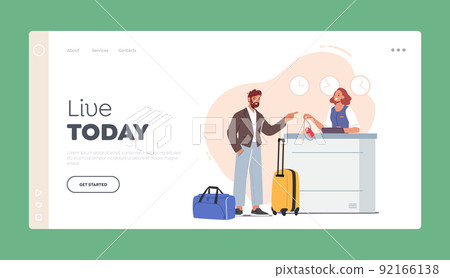 Hotel Arriving, Tourism, Inn Service Landing Page Template. Receptionist Character Stand at Lobby Desk Give Room Key Hotel Arriving, Tourism, Inn Service Landing Page Template. Receptionist Character Stand at Lobby Desk Give Room Key 92166138