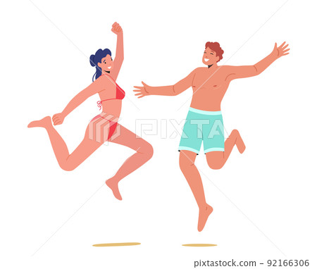 Happy People Characters Wearing Swimming Suits Jumping with Hands Up, Man and Woman Having Fun on Summer Vacation 92166306