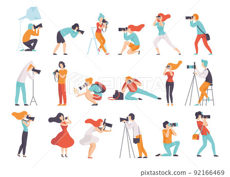 Professional People Photographer with Camera in Different Pose Taking Photo Shots Vector Set Professional People Photographer with Camera in Different Pose Taking Photo Shots Vector Set 92166469