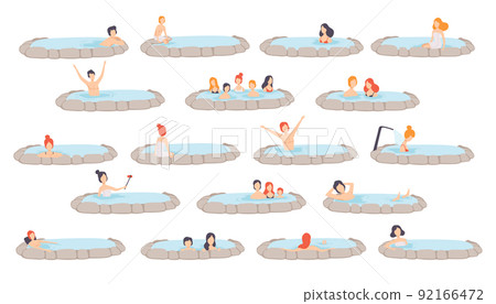 People Characters Enjoying Outdoor Thermal Spring Relaxing in Hot Water Vector Set 92166472