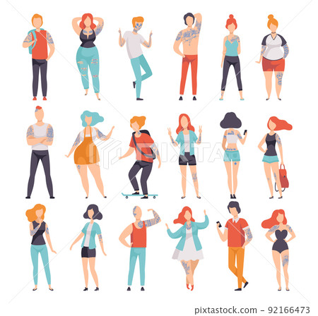 Tattooed or Inked People in Standing Pose and on Skateboard Vector Set 92166473