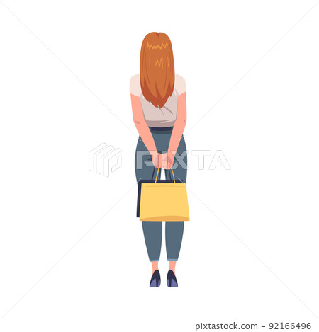 Redhead Woman Character with Bags Standing Back View Vector Illustration Redhead Woman Character with Bags Standing Back View Vector Illustration 92166496