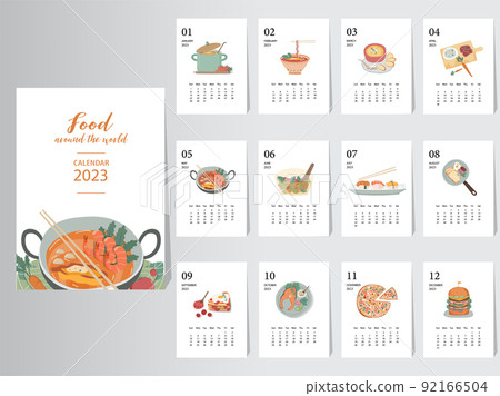 Cute calendar 2023 design,The year of plant monthly cards templates,Set of 12 month,Monthly,food,Vector illustrations. 92166504