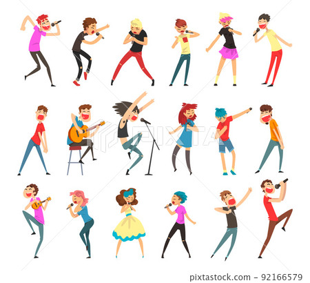 People Singing with Microphone and Playing Guitar Performing Music on Stage Big Vector Set People Singing with Microphone and Playing Guitar Performing Music on Stage Big Vector Set 92166579