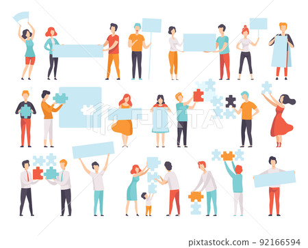 People Characters Holding Jigsaw Puzzle and Empty Signboard Big Vector Set 92166594