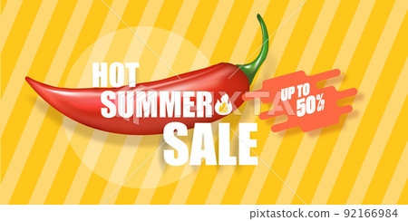 Big Hot summer sale horizontal banner with red chili cayenne pepper isolated on orange background. Vector 3d horizontal summer hot sale poster, flyer, banner, tag and background Big Hot summer sale horizontal banner with red chili cayenne pepper isolated on orange background. Vector 3d horizontal summer hot sale poster, flyer, banner, tag and background 92166984