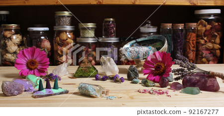 Meditation Altar With Incense Cones and Flowers on Rustic Table With Rock Crystals Meditation Altar With Incense Cones and Flowers on Rustic Table With Rock Crystals 92167277