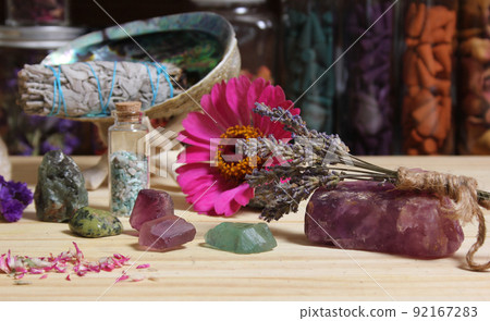 Dried Flowers and Crystal Stones on Meditation Altar Shallow DOF 92167283