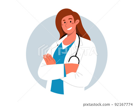 Smiling female doctor with crossed arms and stethoscope.Vector flat illustration 92167774