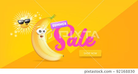 Summer sale funny horizontal banner with cartoon sun and funky banana character isolated on summer orange background. Vector 3d horizontal summer hot sale poster, flyer, banner, tag and background 92168830