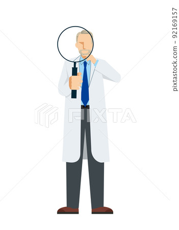 A simple illustration of an elderly Caucasian male doctor in a white coat, a pose with a magnifying glass magnifying glass. A simple illustration of an elderly Caucasian male doctor in a white coat, a pose with a magnifying glass magnifying glass. 92169157