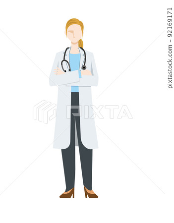 A simple illustration of a Caucasian female doctor in a white coat, a doctor with arms folded A simple illustration of a Caucasian female doctor in a white coat, a doctor with arms folded 92169171