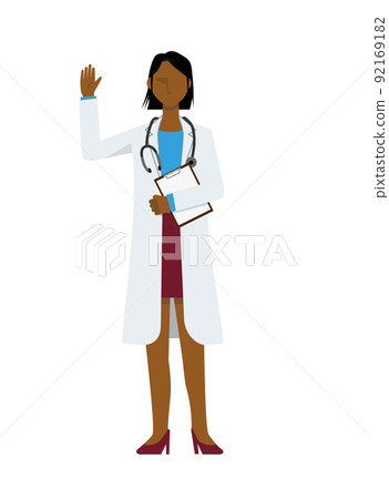 A simple illustration of a black female doctor in a white coat, a pose to greet with documents A simple illustration of a black female doctor in a white coat, a pose to greet with documents 92169182