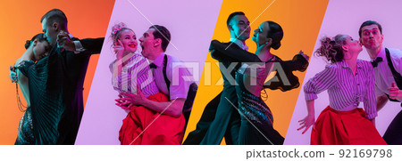 Set with images of stylish men and women dancing in bright clothes on colorful background at dance hall in neon light. Art, danc, hip-hop, retro, vintage style and fashion 92169798