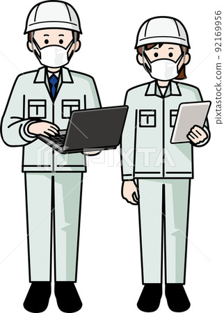 Men and women in work clothes wearing masks and holding computers and tablets Men and women in work clothes wearing masks and holding computers and tablets 92169956