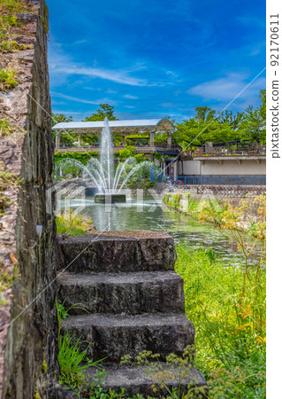 Kyoto Lake Biwa Canal fountain and river blue sky Kyoto Lake Biwa Canal fountain and river blue sky 92170611