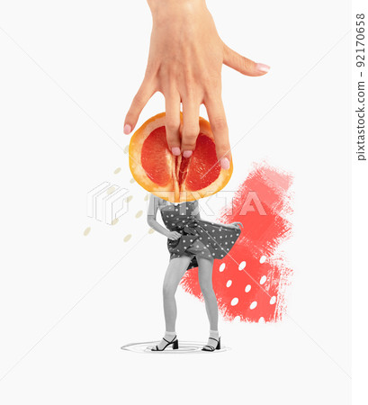 Contemporary art collage. Stylish young woman cheerfully dancing. Grapefruit head element symbolizing female health care 92170658