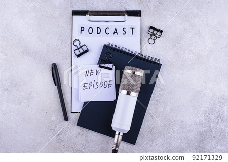 Podcast new episode concept with microphone Podcast new episode concept with microphone 92171329
