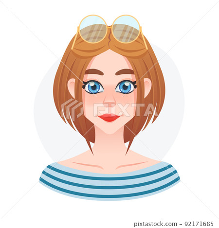 Cartoon young pretty sailor girl avatar. Beaulifull doll with sunglasses on top head. Lady style short hair Cartoon young pretty sailor girl avatar. Beaulifull doll with sunglasses on top head. Lady style short hair 92171685