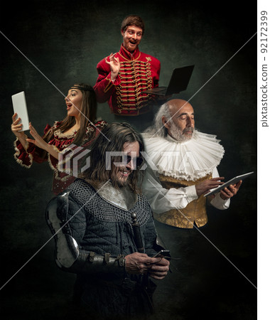 Collage with medieval people as royalty persons in vintage clothing using modern gadgets on dark background. Concept of comparison of eras, modernity and renaissance 92172399