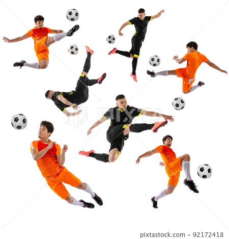 Collage made of dynamic portraits of male soccer football players training with ball isolated white studio background. Sport, team, competition concept Collage made of dynamic portraits of male soccer football players training with ball isolated white studio background. Sport, team, competition concept 92172418