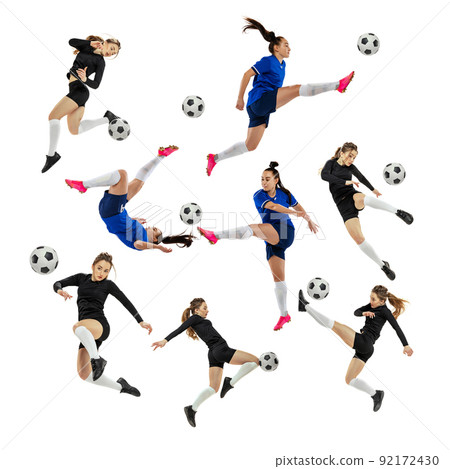 Collage made of dynamic portraits of female soccer football players training with ball isolated white studio background. Sport, team, competition concept 92172430