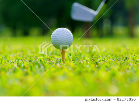 Golf ball on green grass ready to be struck on golf course Golf ball on green grass ready to be struck on golf course 92173050