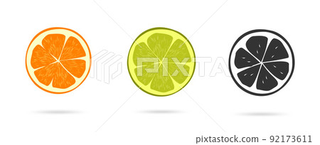 Citrus orange and lime fruit half slice vector icon isolated flat graphic cartoon illustration, black and white grapefruit pictogram simple shape silhouette clipart image set 92173611