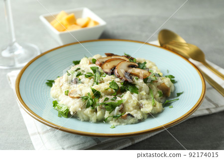 Concept of tasty food with risotto with mushrooms, close up 92174015