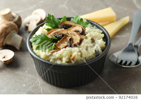 Concept of tasty food with risotto with mushrooms, close up 92174016