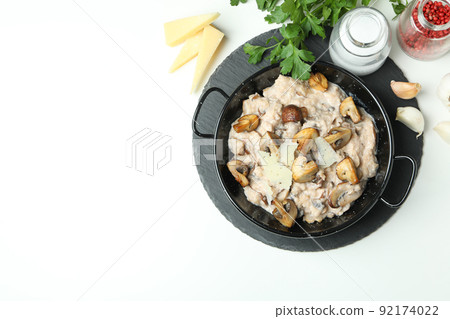 Concept of tasty food with risotto with mushrooms, space for text Concept of tasty food with risotto with mushrooms, space for text 92174022