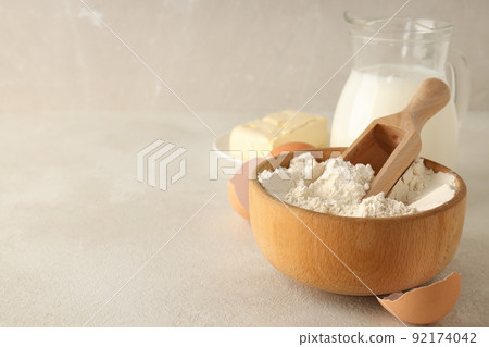 Ingredients for pie or cake cooking on light textured table 92174042