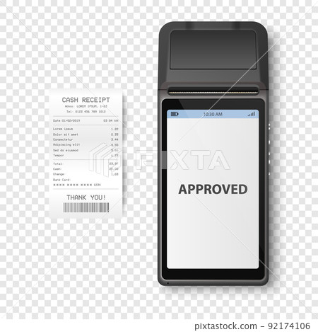 Vector 3d NFC Payment Machine with Approved Status and Paper Bill, Receipt Isolated. Wi-fi, Wireless Payment. POS Terminal, Machine Design Template, Bank Payment Contactless Terminal, Mockup. Top VIew 92174106