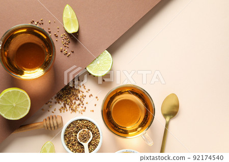 Concept of hot drink with buckwheat tea, top view 92174540