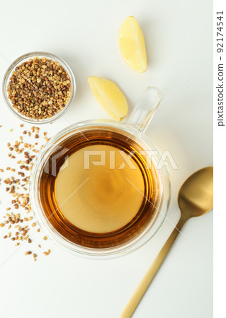 Concept of hot drink with buckwheat tea, top view 92174541
