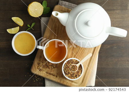 Concept of hot drink with buckwheat tea, top view 92174543
