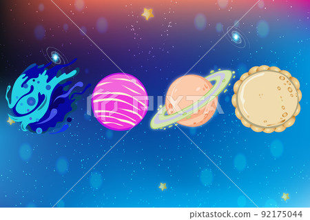 Fantasy cartoon planet. Fantastic alien planets. Vector planet and asteroid on orbit for gui fantastic space illustration Fantasy cartoon planet. Fantastic alien planets. Vector planet and asteroid on orbit for gui fantastic space illustration 92175044